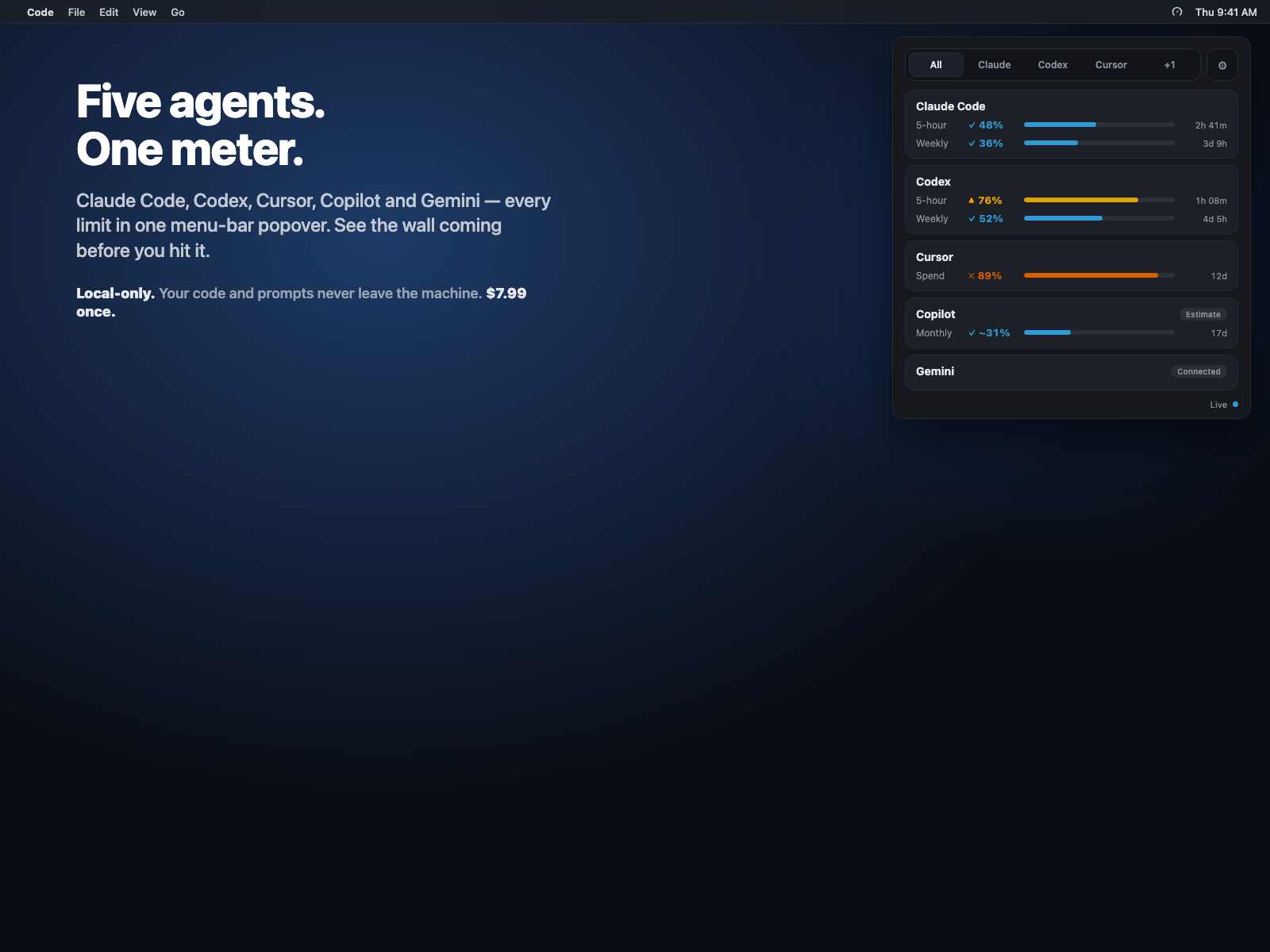 Token Gauge menu-bar popover showing live usage for Claude Code, Codex, Cursor, Copilot and Gemini at the same time.