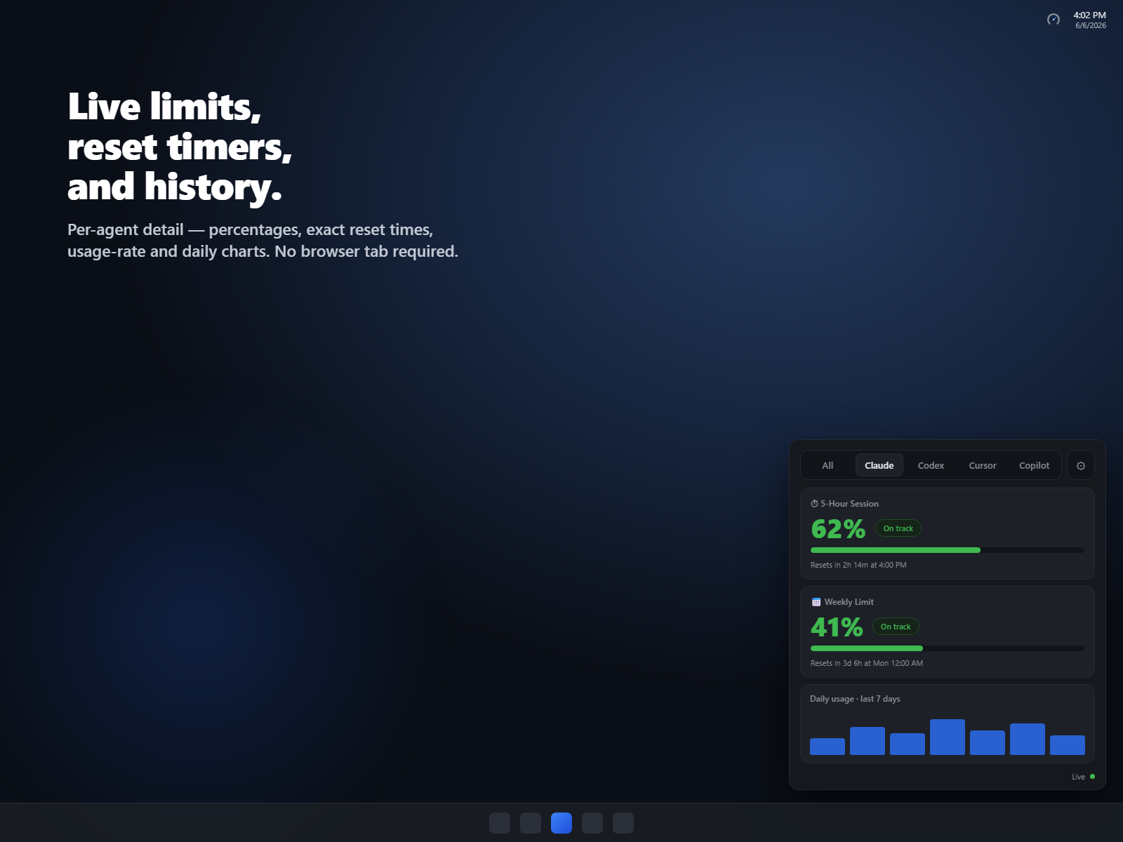 Token Gauge running natively in the macOS menu bar showing a detailed agent view.